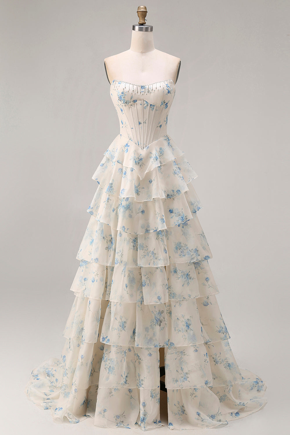 Strapless Yellow Blue Flower A Line Tiered Ruffle Corset Long Prom Dress with Slit