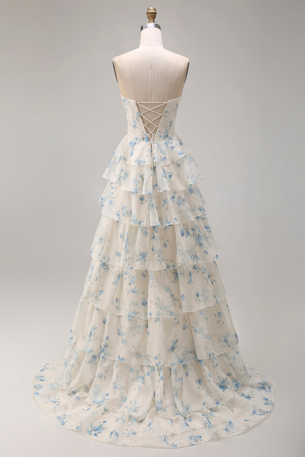 Strapless Yellow Blue Flower A Line Tiered Ruffle Corset Long Prom Dress with Slit