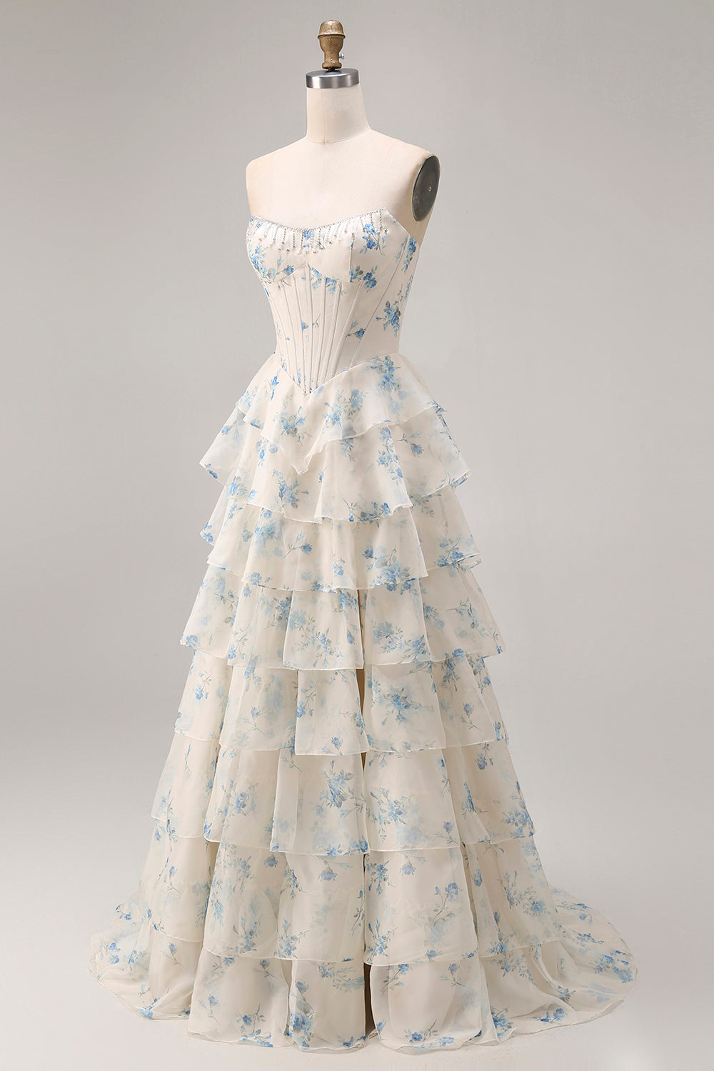 Strapless Yellow Blue Flower A Line Tiered Ruffle Corset Long Prom Dress with Slit