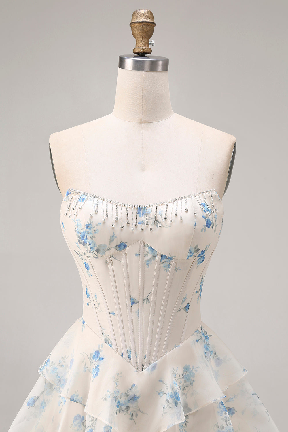 Strapless Yellow Blue Flower A Line Tiered Ruffle Corset Long Prom Dress with Slit