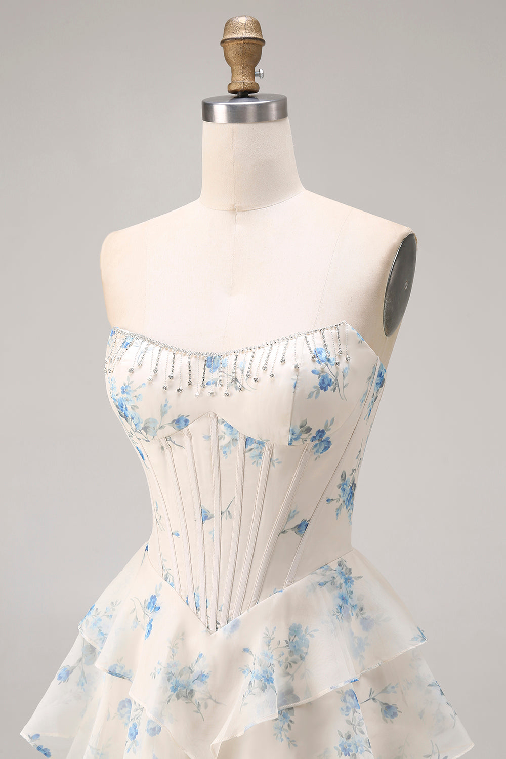 Strapless Yellow Blue Flower A Line Tiered Ruffle Corset Long Prom Dress with Slit