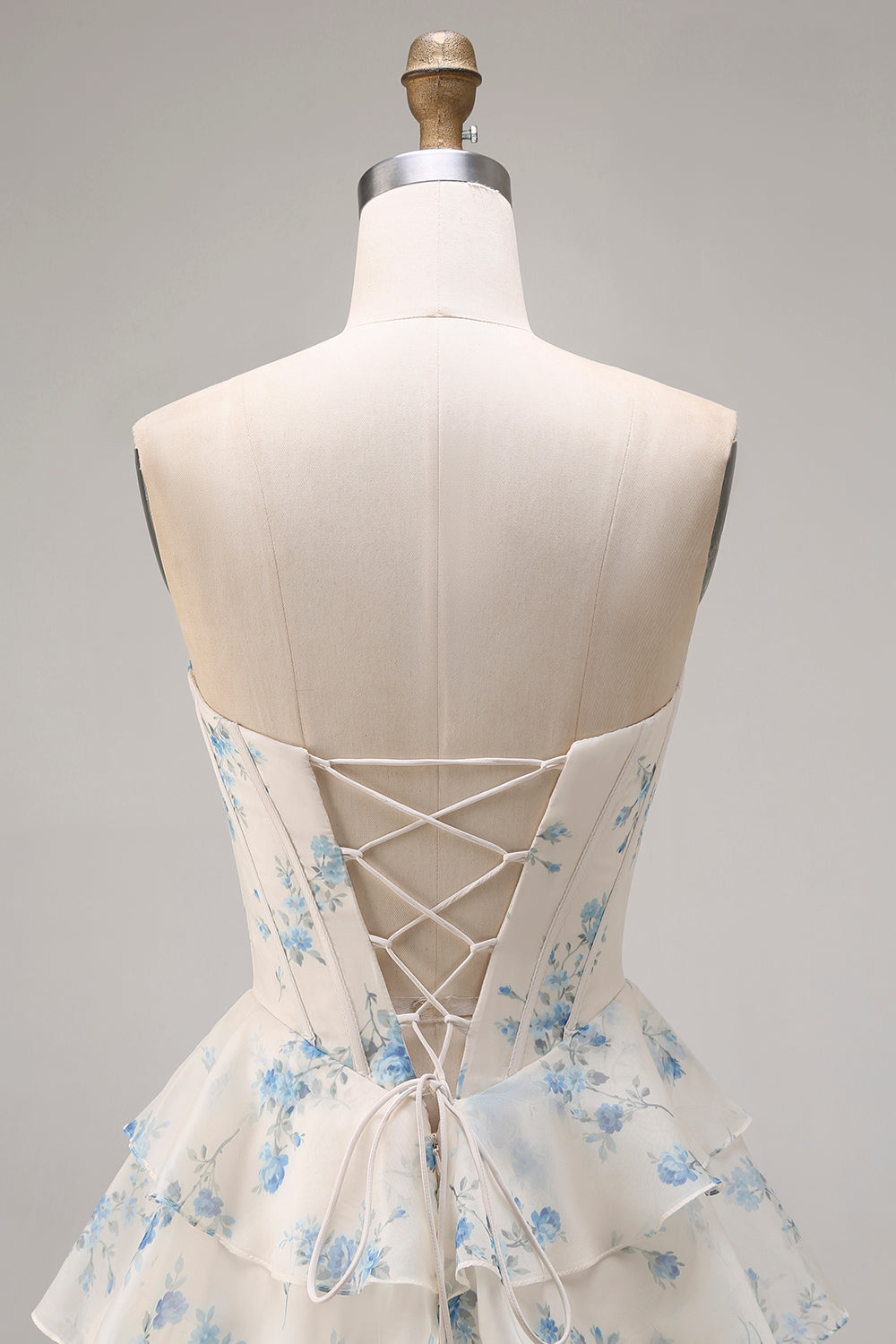 Strapless Yellow Blue Flower A Line Tiered Ruffle Corset Long Prom Dress with Slit