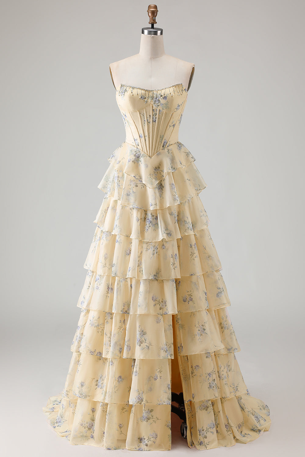 Strapless Yellow Blue Flower A Line Tiered Ruffle Corset Long Prom Dress with Slit