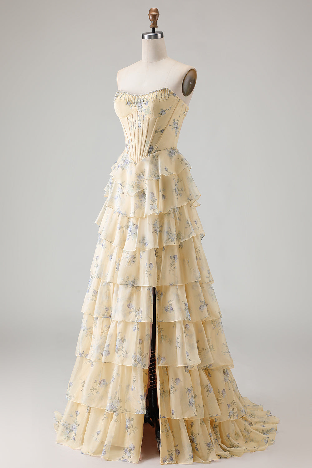 Strapless Yellow Blue Flower A Line Tiered Ruffle Corset Long Prom Dress with Slit