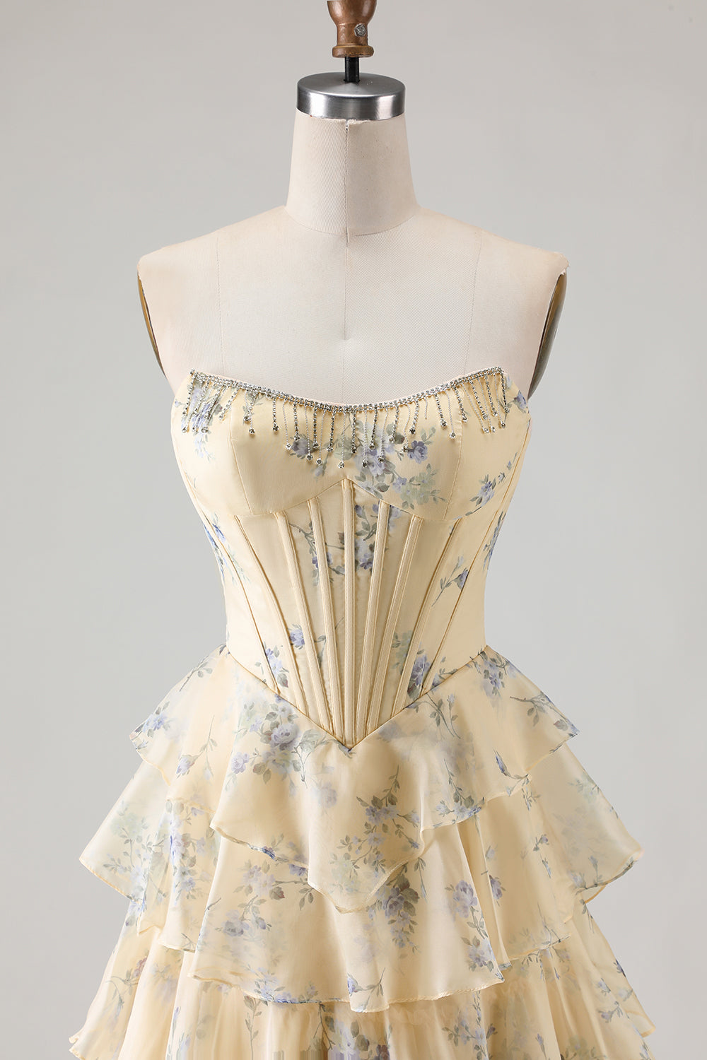Strapless Yellow Blue Flower A Line Tiered Ruffle Corset Long Prom Dress with Slit