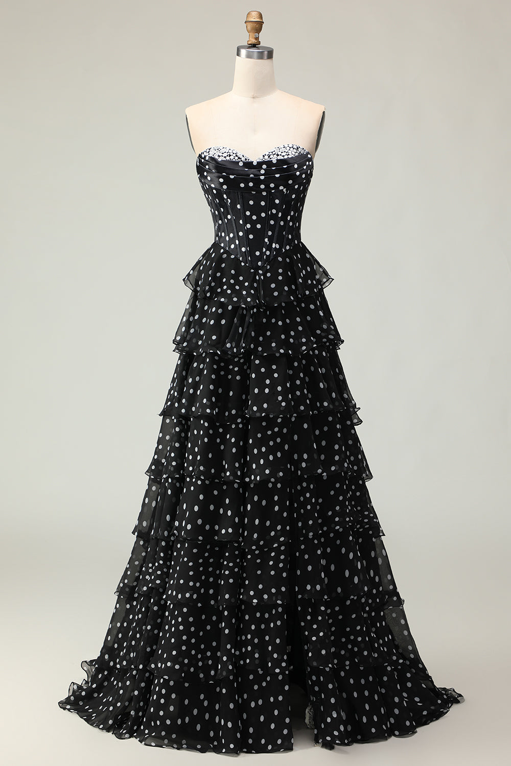 White A Line Strapless Polka Dots Tiered Ruffle Corset Long Prom Dress with Slit