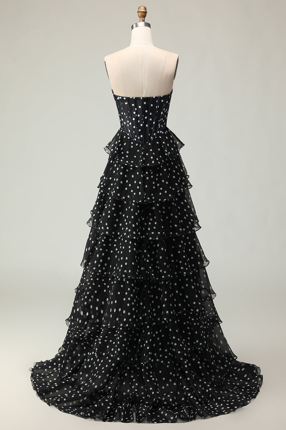White A Line Strapless Polka Dots Tiered Ruffle Corset Long Prom Dress with Slit