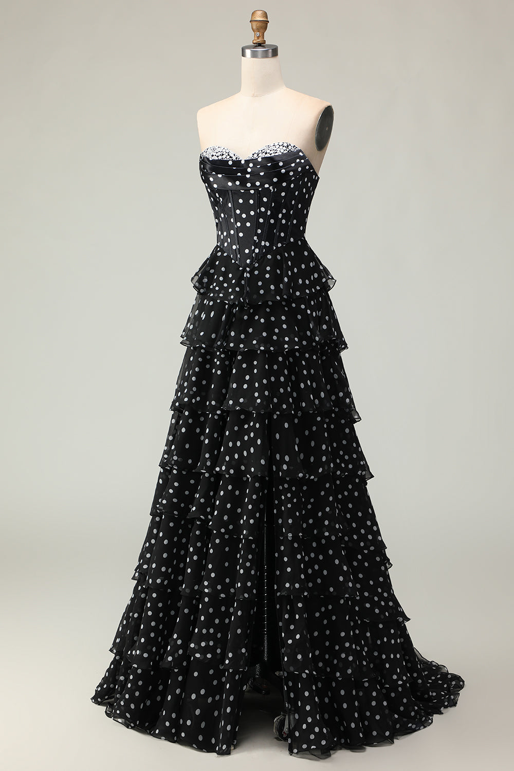 White A Line Strapless Polka Dots Tiered Ruffle Corset Long Prom Dress with Slit