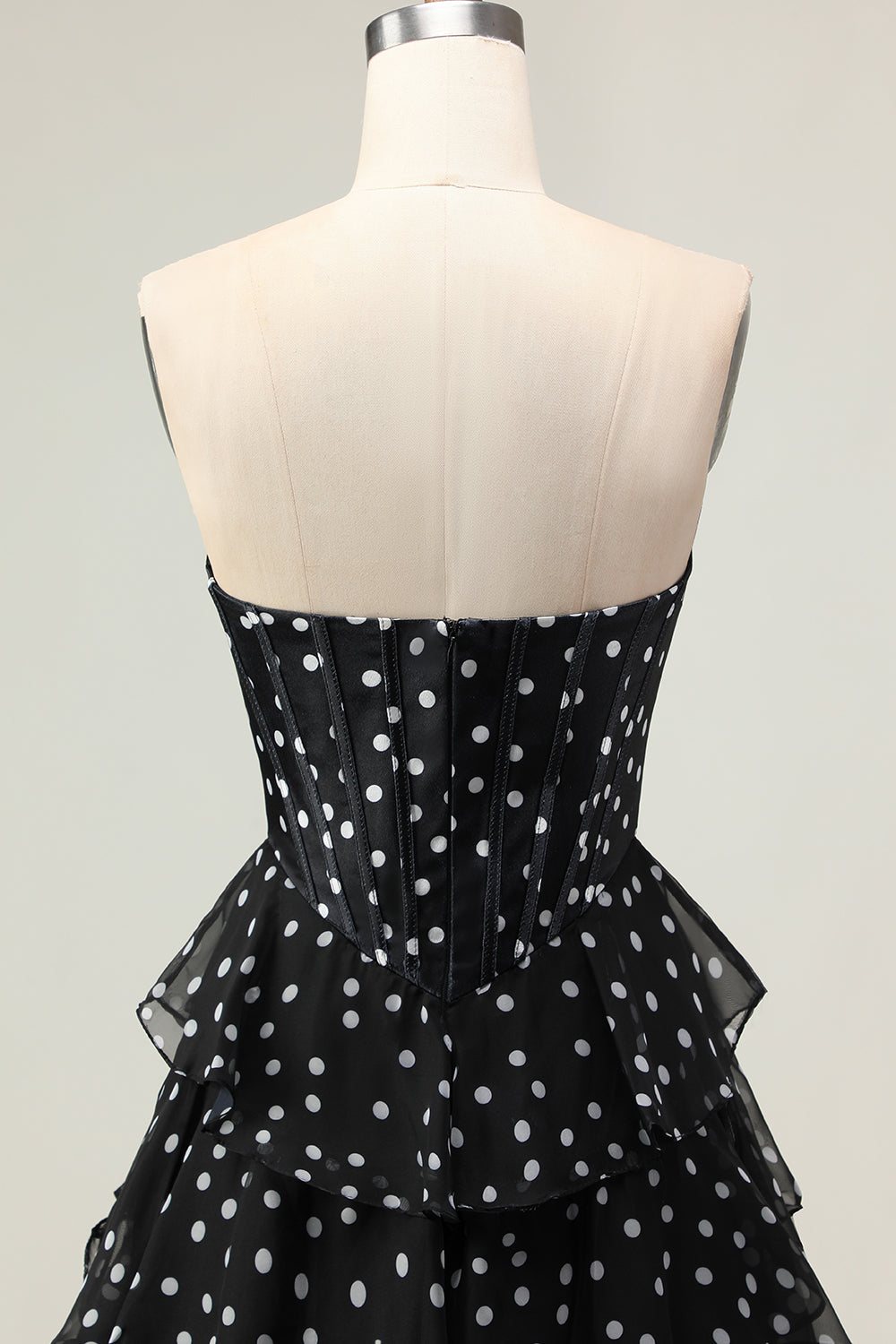 White A Line Strapless Polka Dots Tiered Ruffle Corset Long Prom Dress with Slit