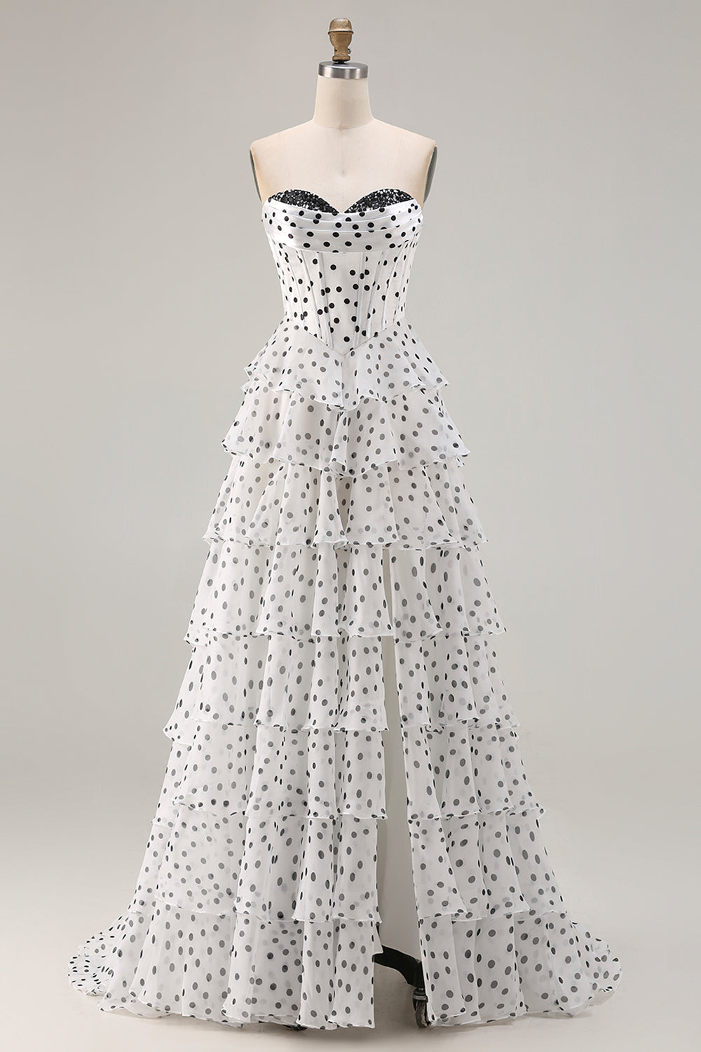 White A Line Strapless Polka Dots Tiered Ruffle Corset Long Prom Dress with Slit