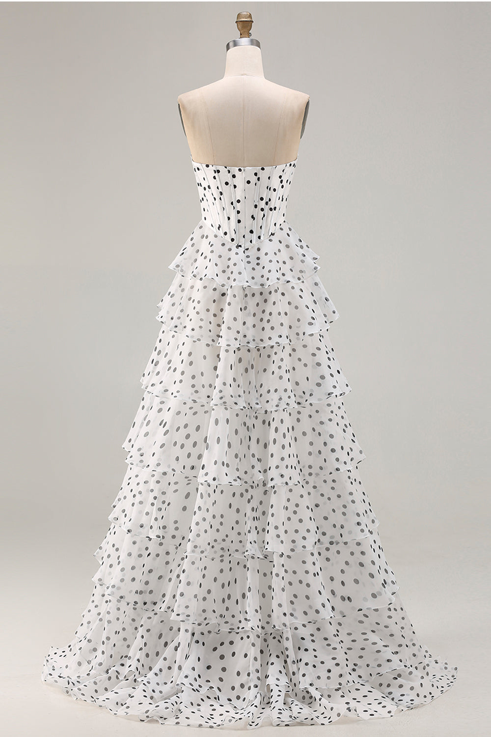 White A Line Strapless Polka Dots Tiered Ruffle Corset Long Prom Dress with Slit