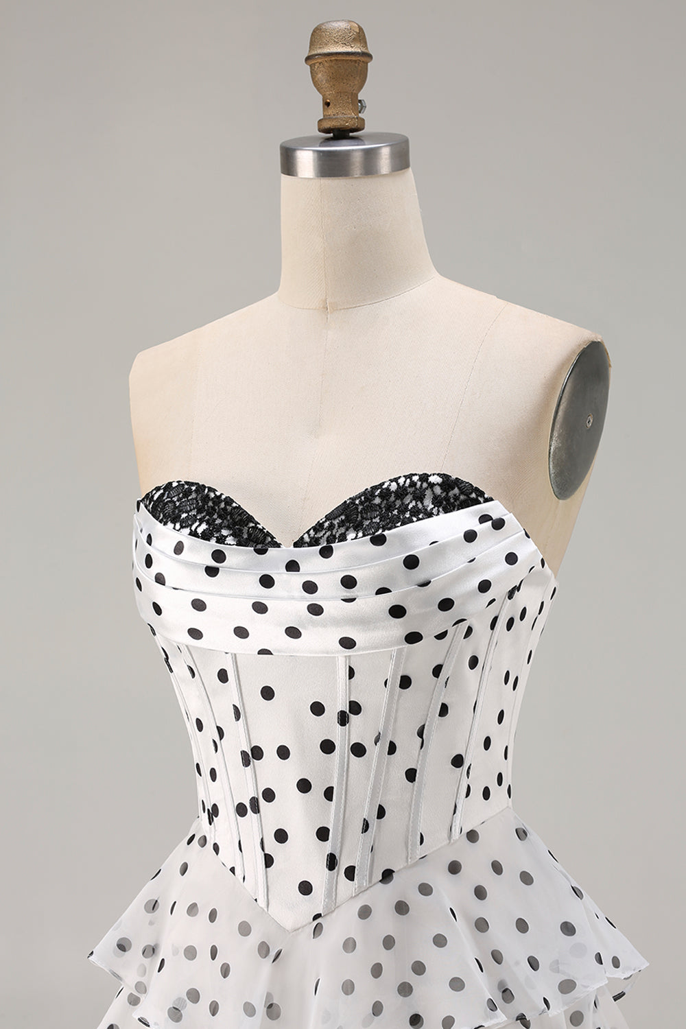 White A Line Strapless Polka Dots Tiered Ruffle Corset Long Prom Dress with Slit
