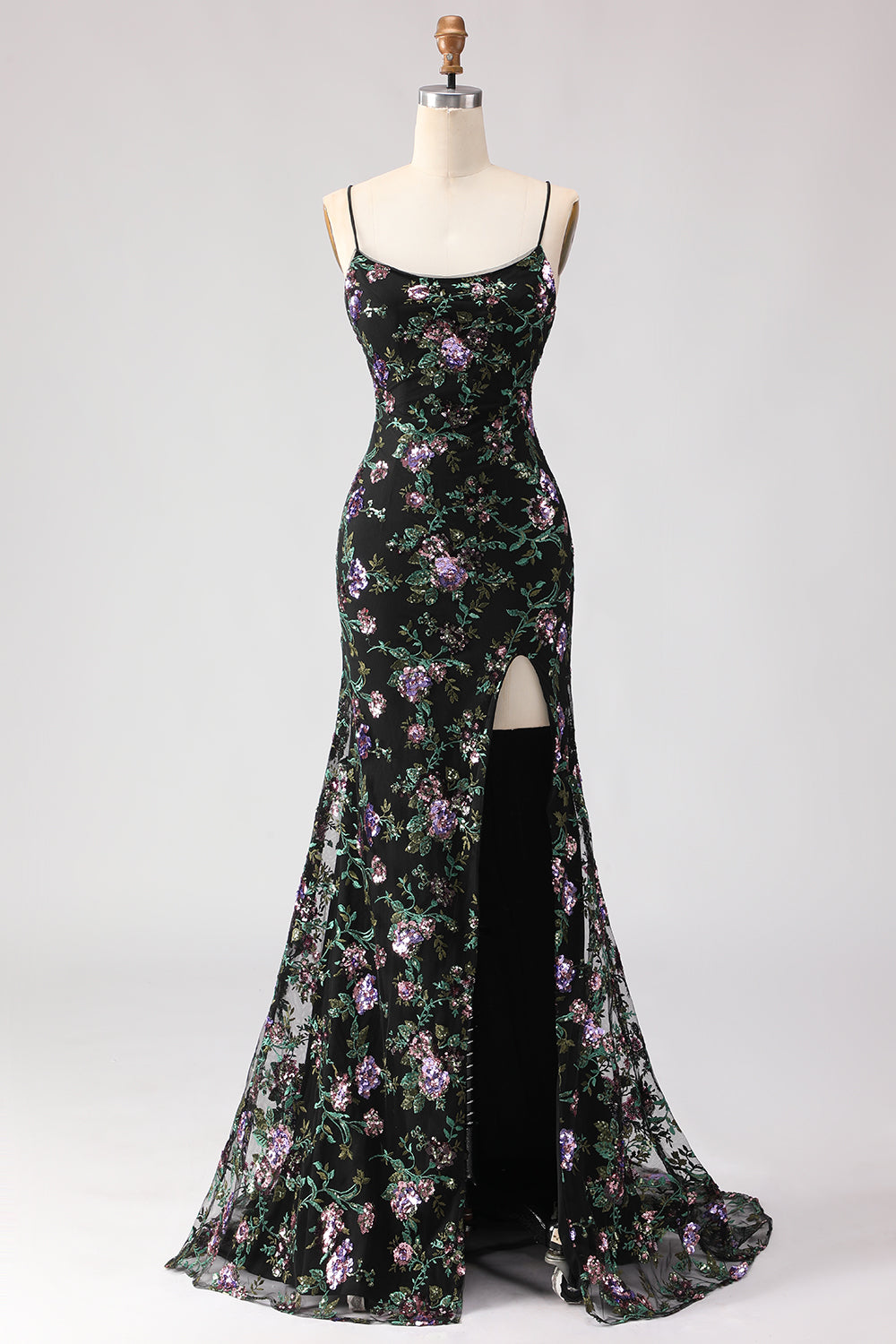 Sparkly Black Purple Flower Sequin Mermaid Lace Up Back Long Prom Dress with Slit