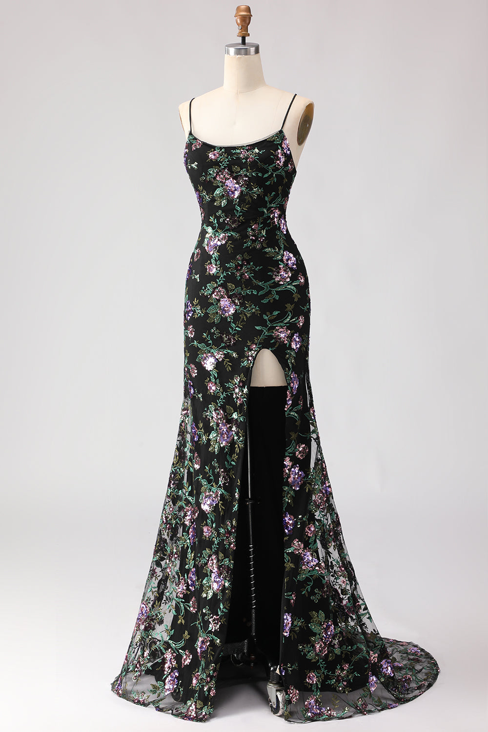 Sparkly Black Purple Flower Sequin Mermaid Lace Up Back Long Prom Dress with Slit