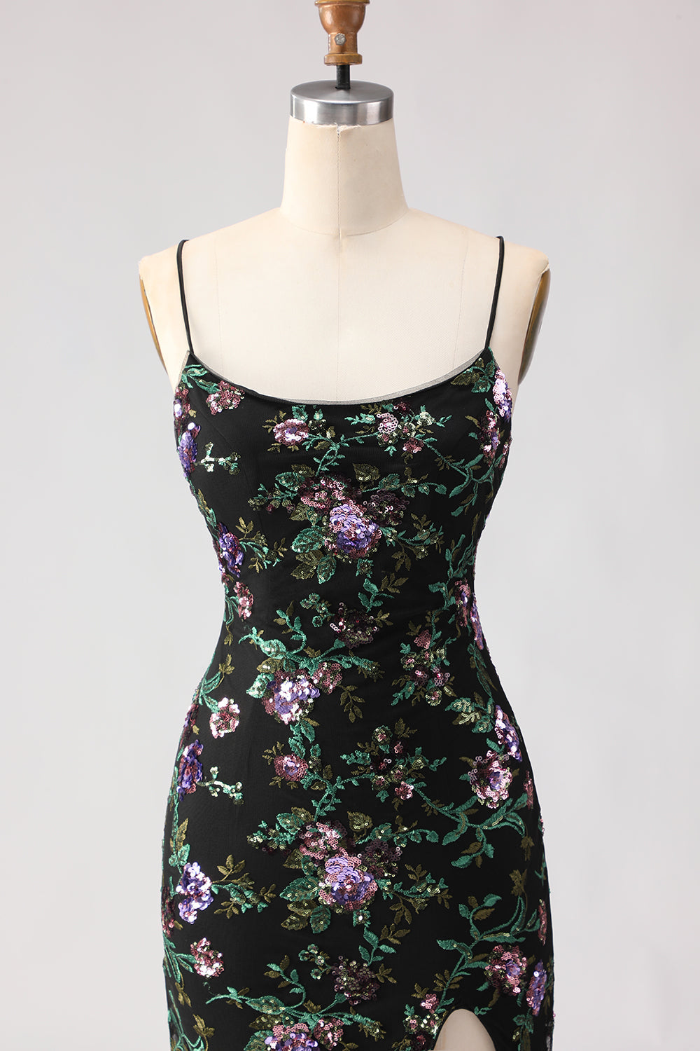 Sparkly Black Purple Flower Sequin Mermaid Lace Up Back Long Prom Dress with Slit