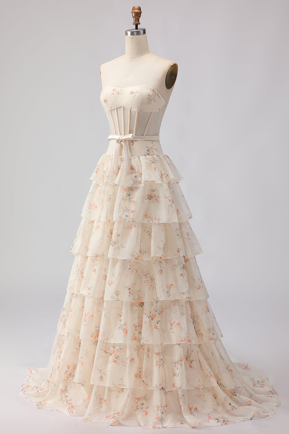 Pink Floral Strapless Tiered A Line Corset Print Beaded Long Prom Dress with Ruffles