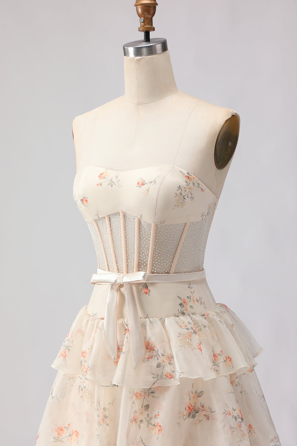 Pink Floral Strapless Tiered A Line Corset Print Beaded Long Prom Dress with Ruffles