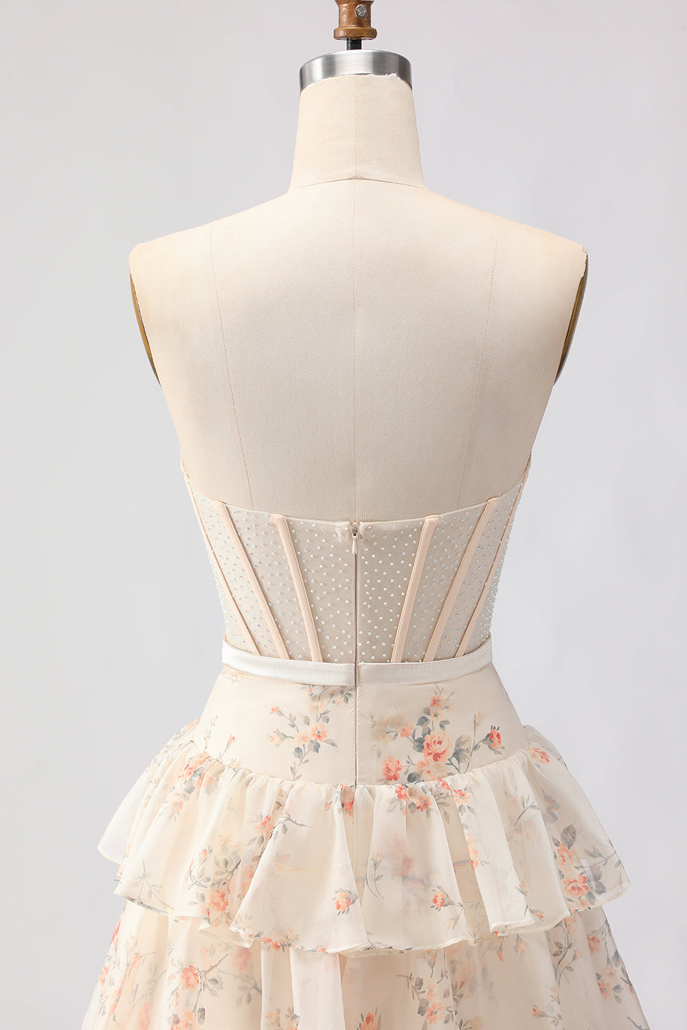 Pink Floral Strapless Tiered A Line Corset Print Beaded Long Prom Dress with Ruffles