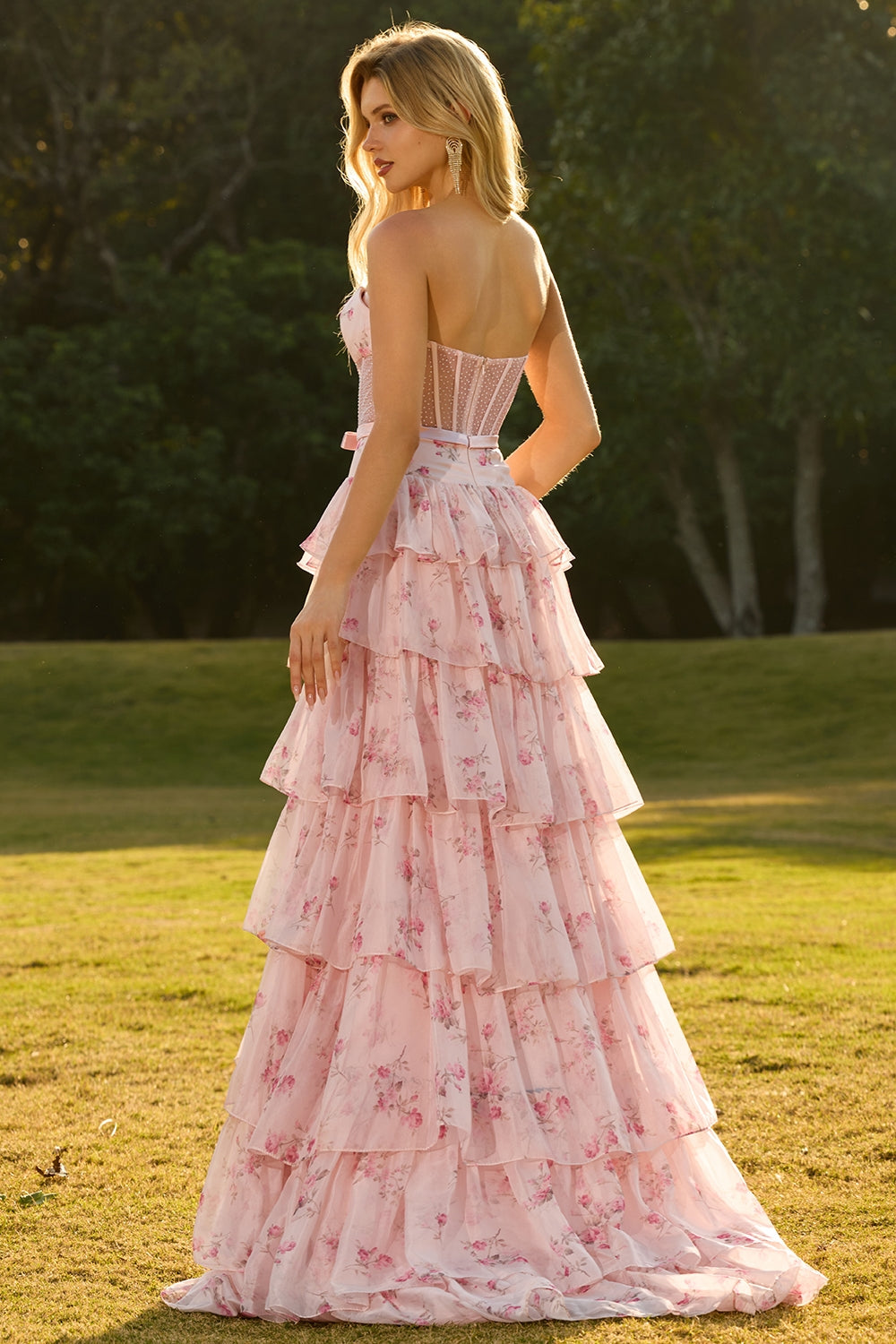 Pink Floral Strapless Tiered A Line Corset Print Beaded Long Prom Dress with Ruffles
