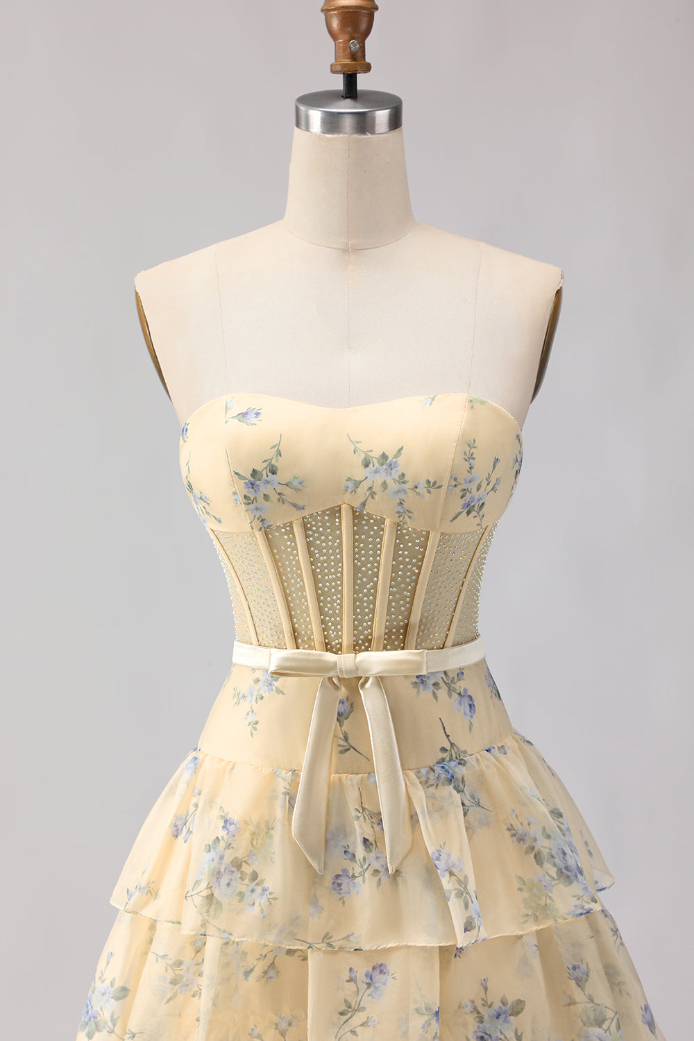 Pink Floral Strapless Tiered A Line Corset Print Beaded Long Prom Dress with Ruffles