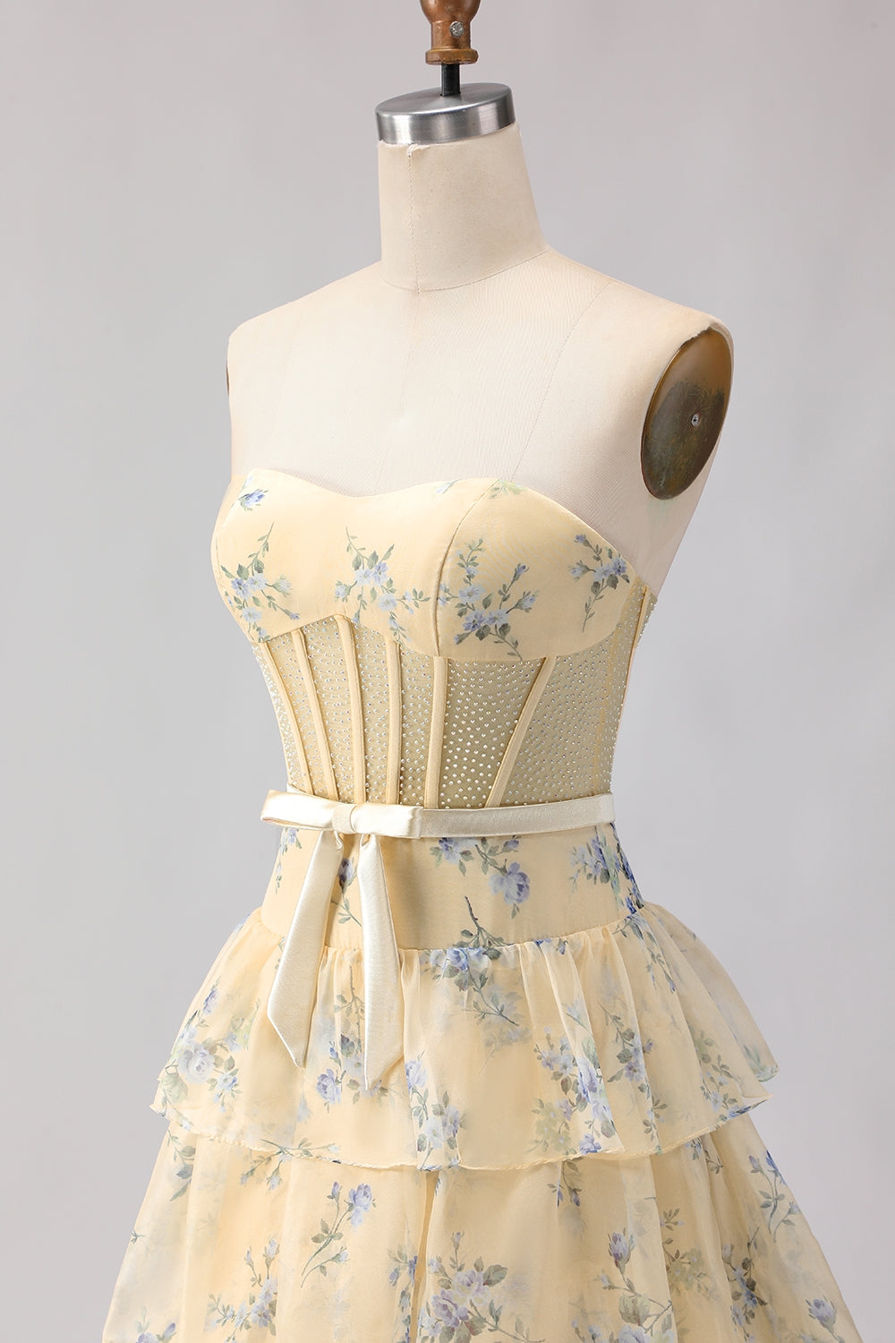 Pink Floral Strapless Tiered A Line Corset Print Beaded Long Prom Dress with Ruffles