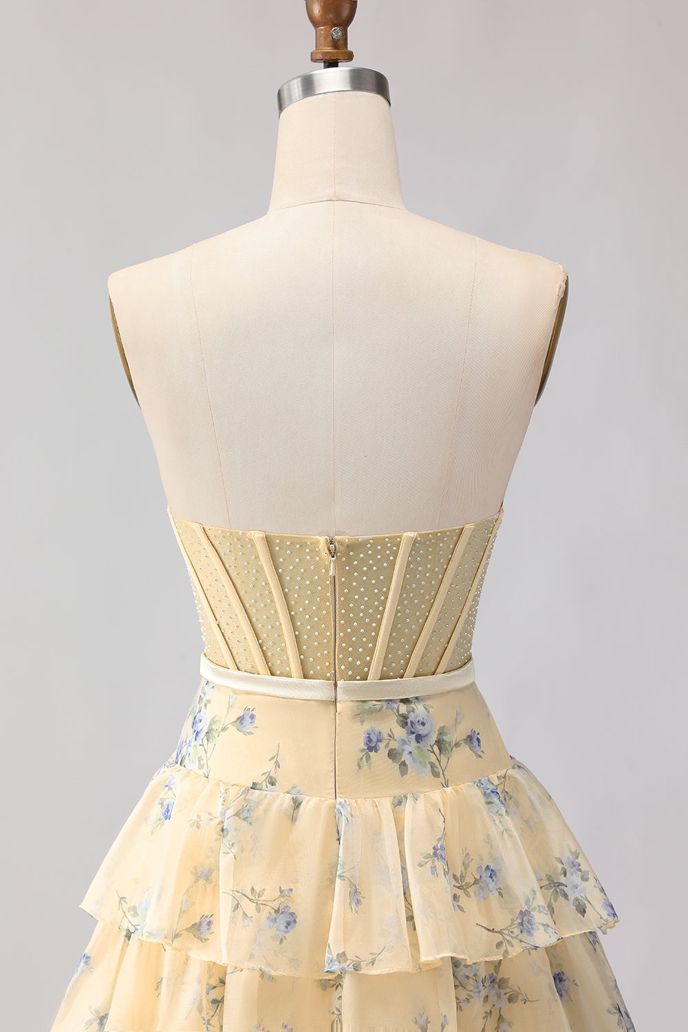 Pink Floral Strapless Tiered A Line Corset Print Beaded Long Prom Dress with Ruffles