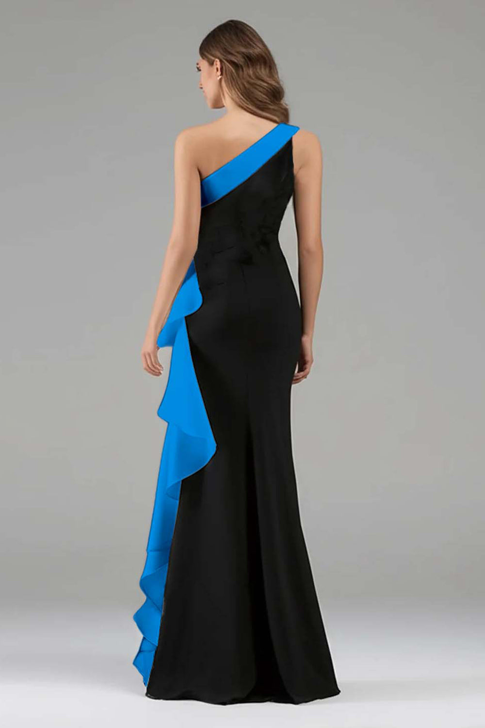 Black White One Shoulder Long Black Tie Dress with 3D Flowers
