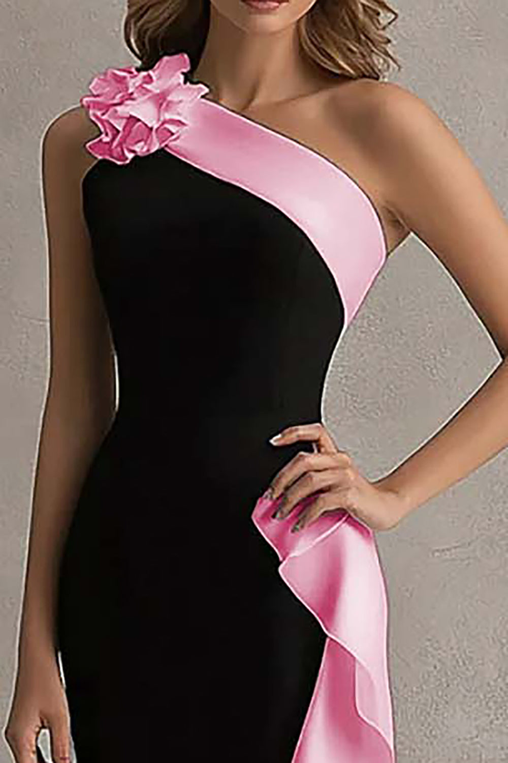 Black White One Shoulder Long Black Tie Dress with 3D Flowers