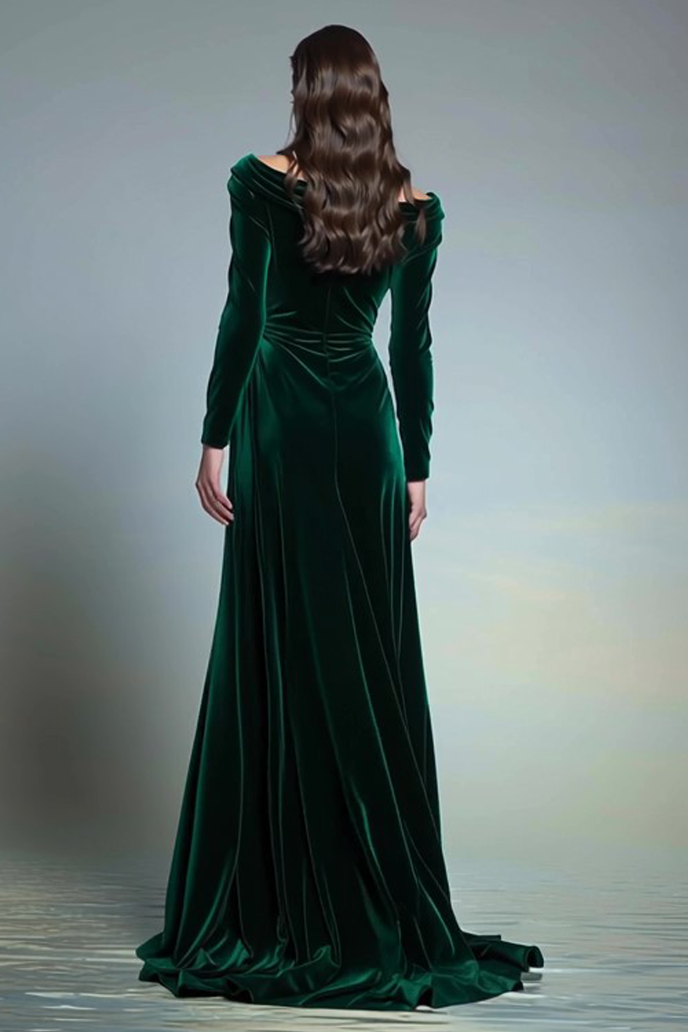 Dark Green Velvet Ruched Boat Neck Long Sleeves Formal Dress