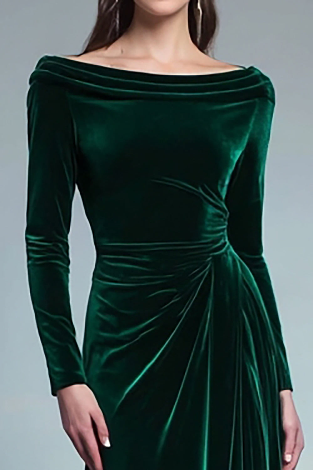 Dark Green Velvet Ruched Boat Neck Long Sleeves Formal Dress