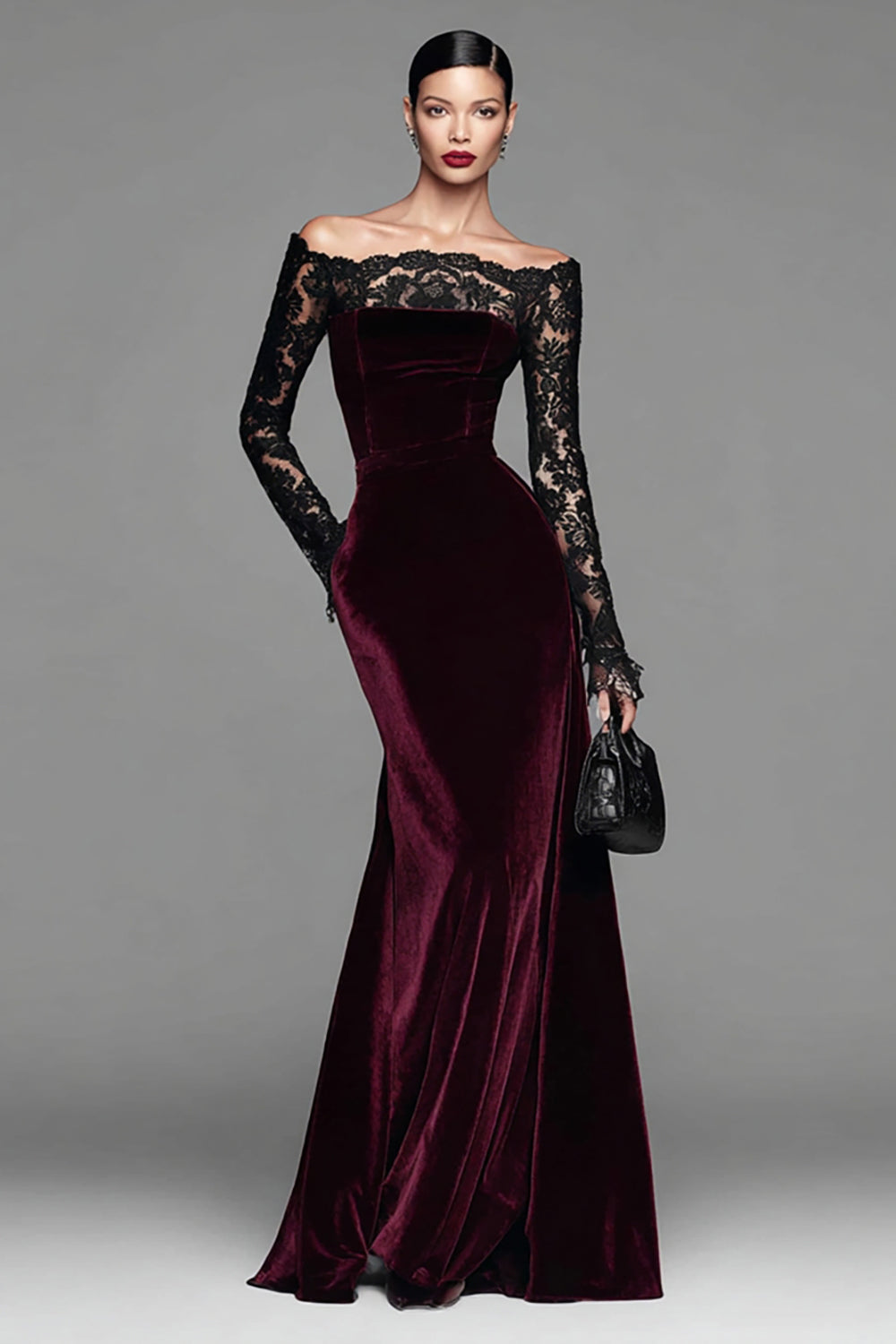 Burgundy Velvet Lace Off the Shoulder Mermaid Long Sleeves Formal Dress