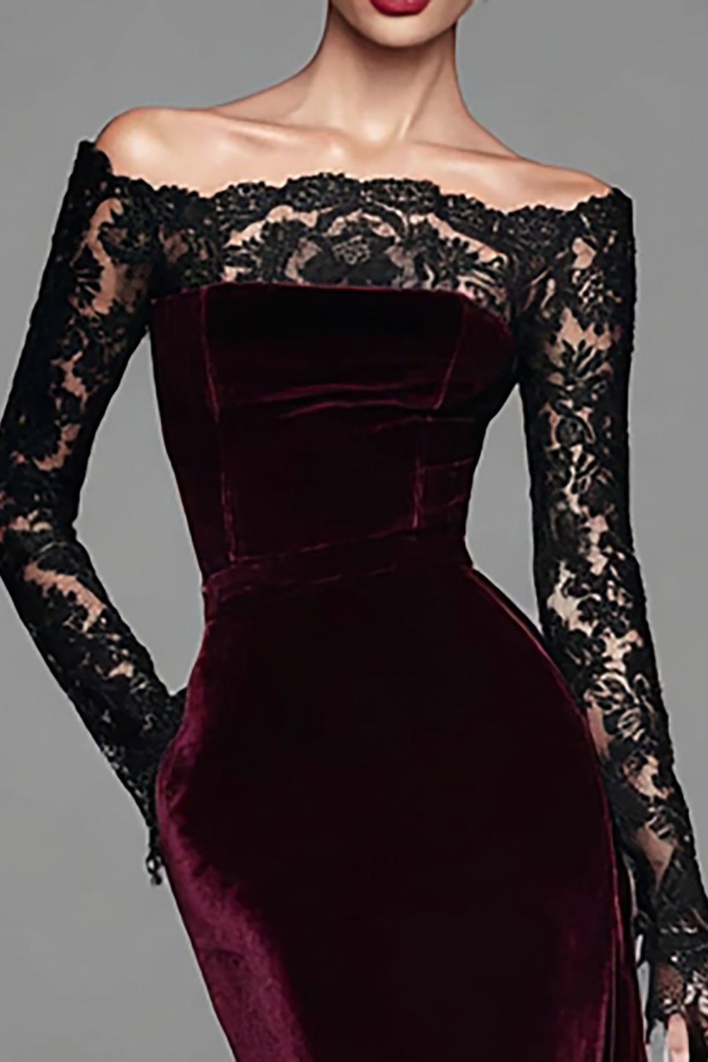 Burgundy Velvet Lace Off the Shoulder Mermaid Long Sleeves Formal Dress