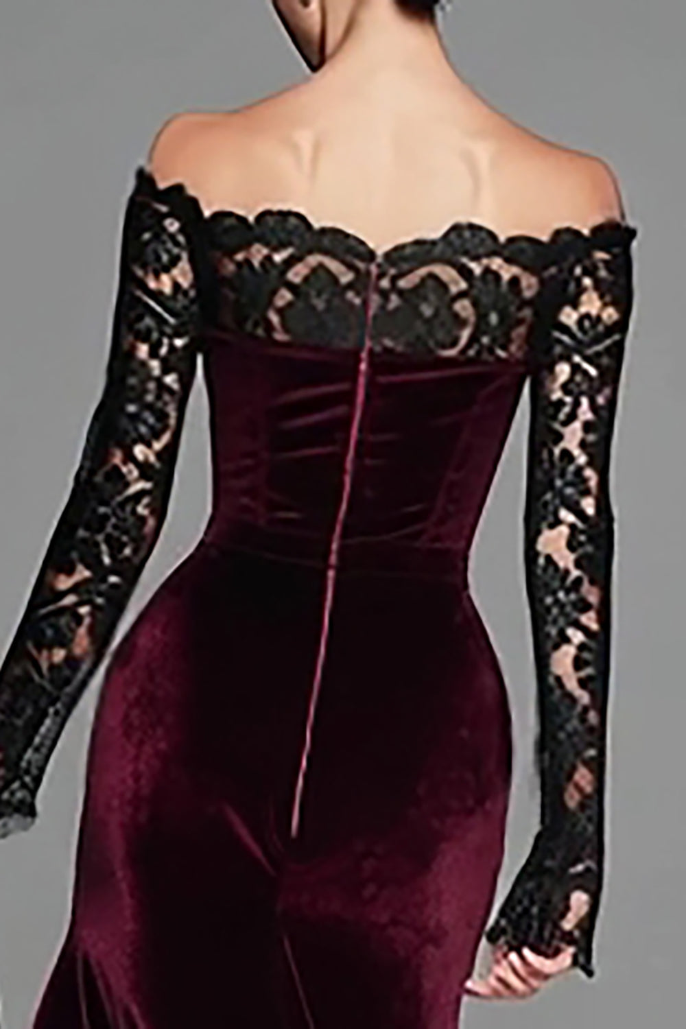 Burgundy Velvet Lace Off the Shoulder Mermaid Long Sleeves Formal Dress