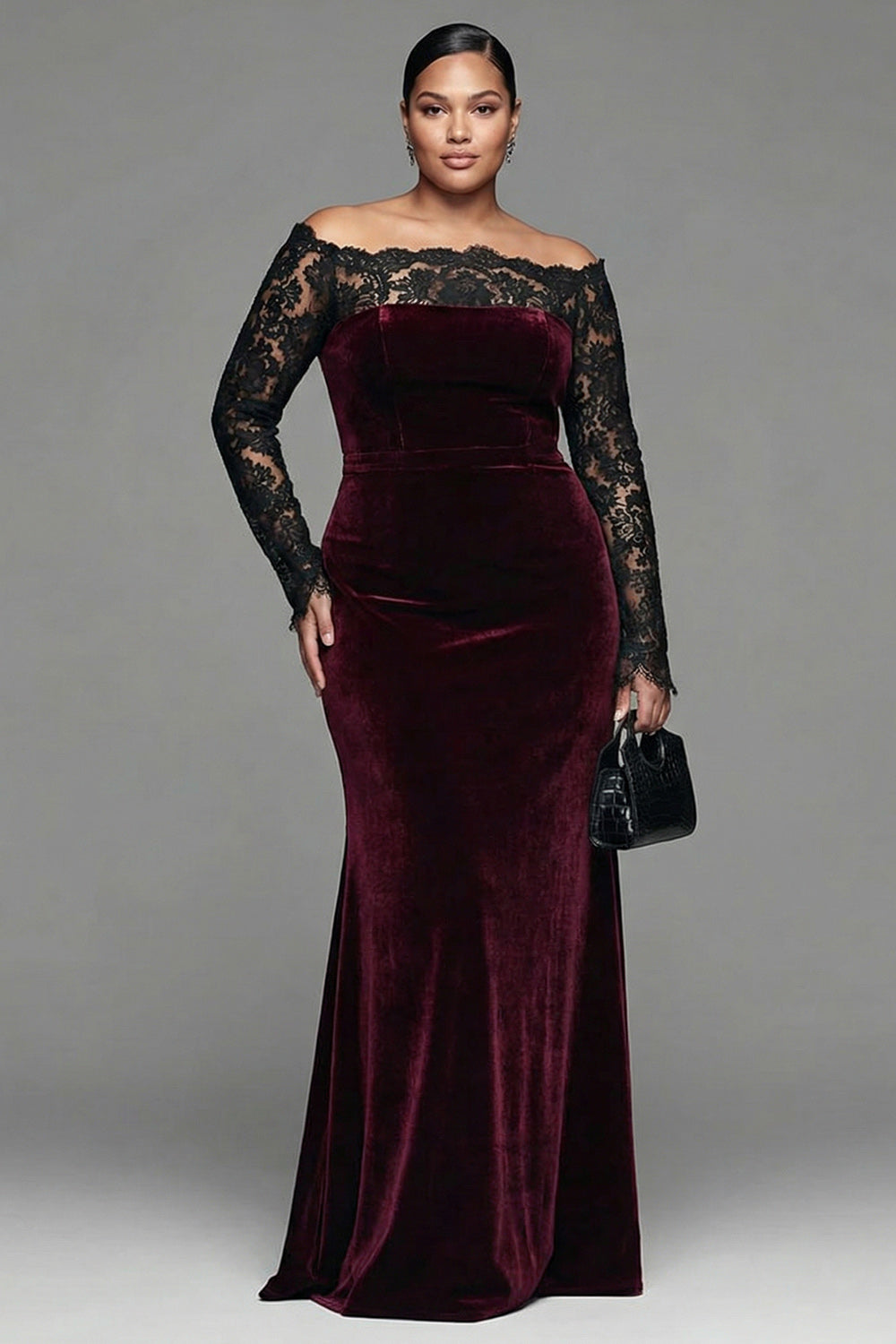 Burgundy Velvet Lace Off the Shoulder Mermaid Long Sleeves Formal Dress