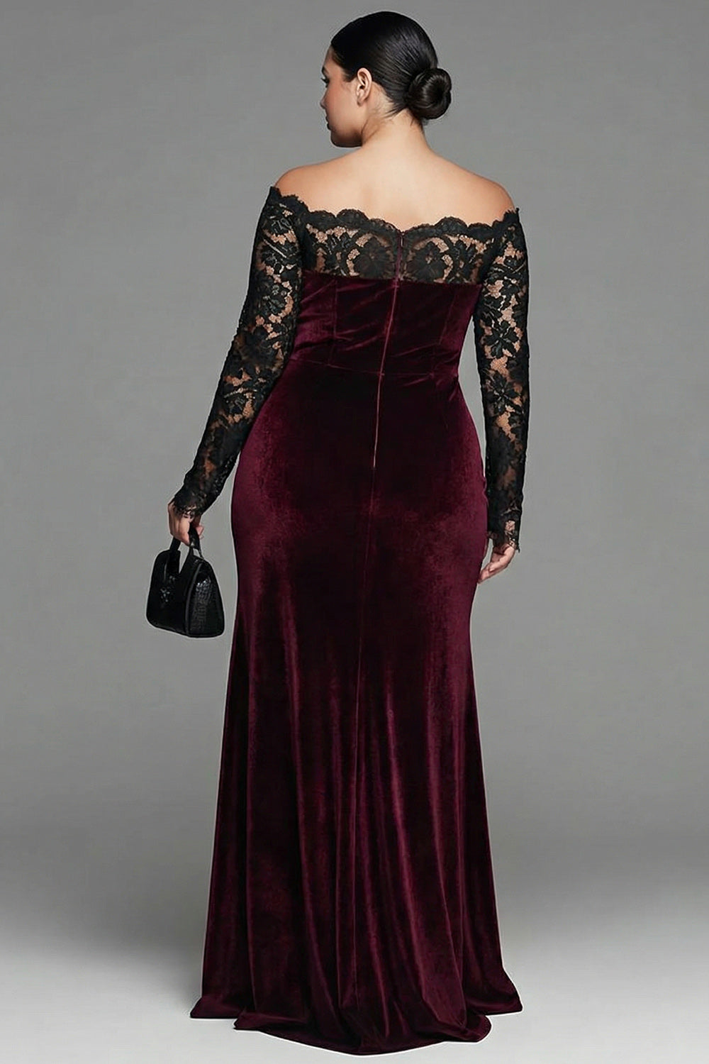 Burgundy Velvet Lace Off the Shoulder Mermaid Long Sleeves Formal Dress