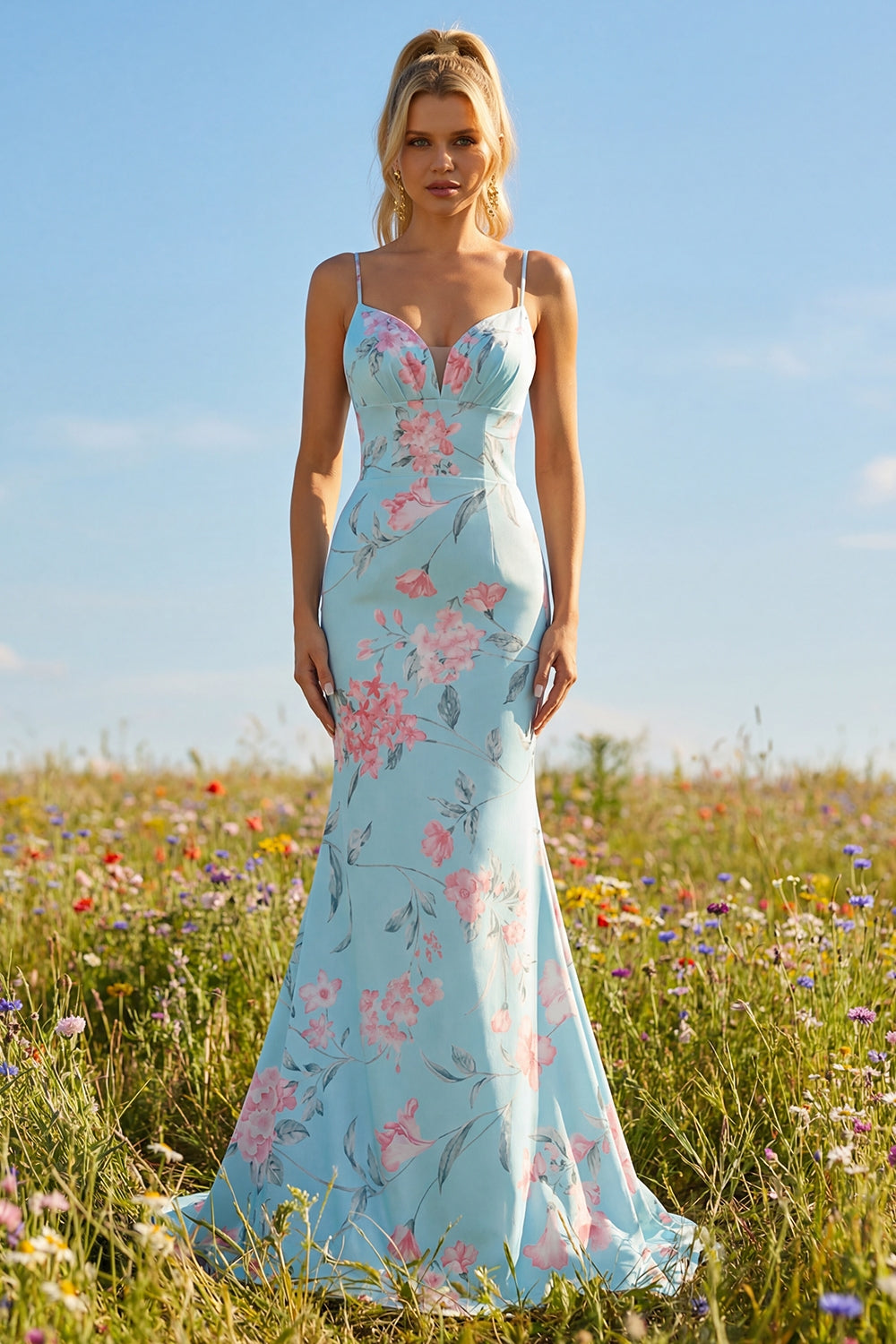 Blue Pink Flower Mermaid Spaghetti Straps Long Prom Dress