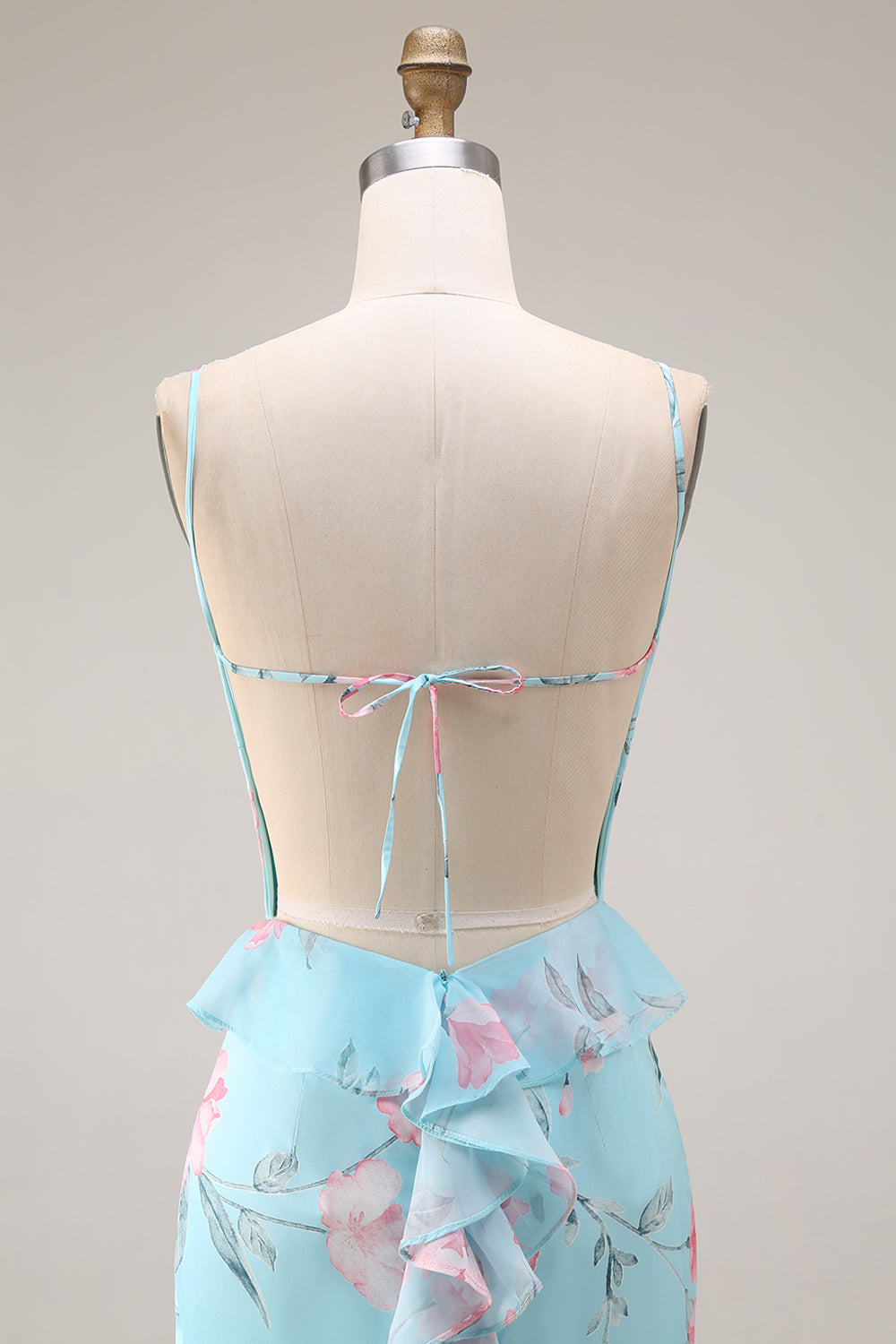 Blue Pink Flower Mermaid Spaghetti Straps Long Prom Dress