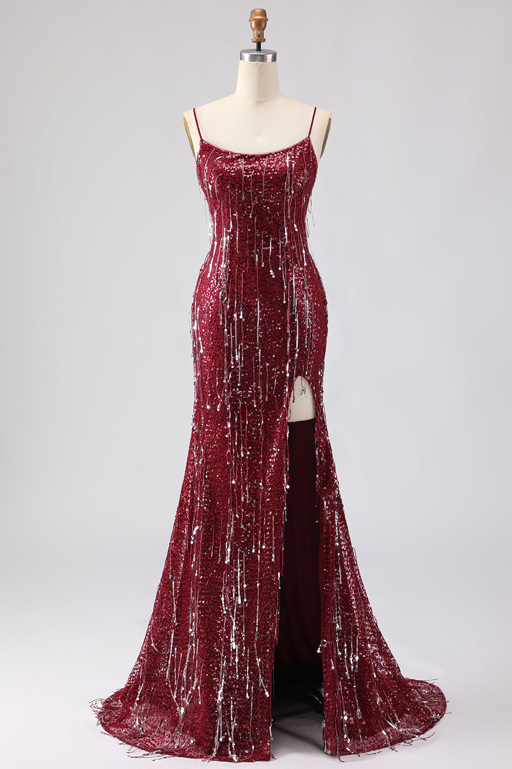 Sparkly Burgundy Sequin Mermaid Long Prom Dress with Slit