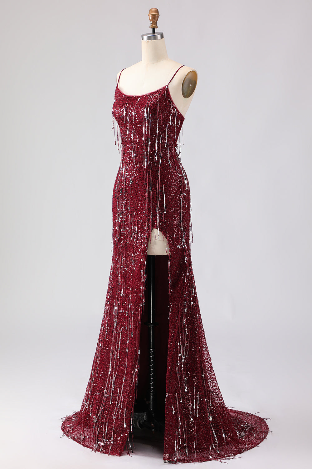 Sparkly Burgundy Sequin Mermaid Long Prom Dress with Slit