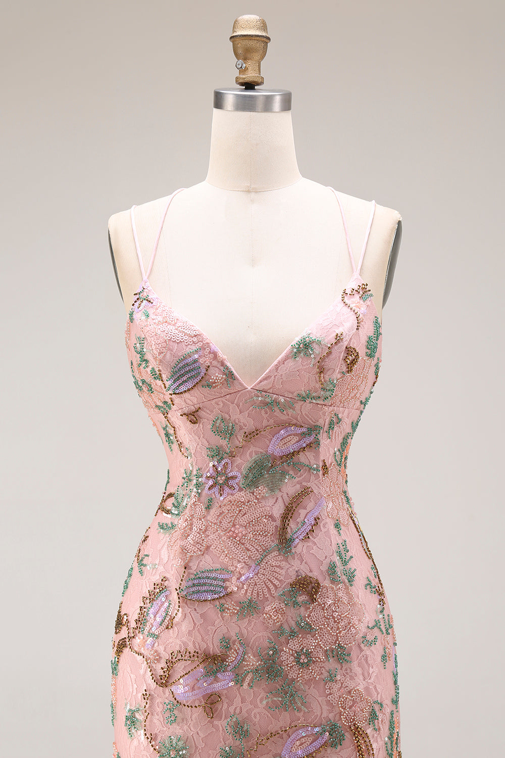 Blush Floral Spaghetti Straps Sheath Beaded Long Prom Dress with Sequins