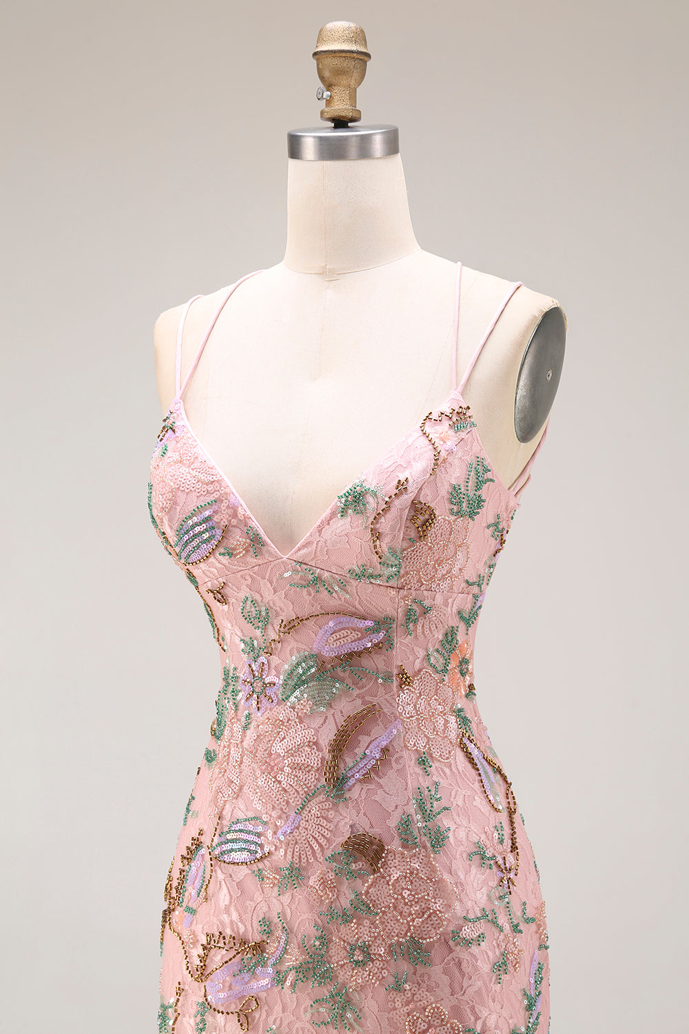 Blush Floral Spaghetti Straps Sheath Beaded Long Prom Dress with Sequins