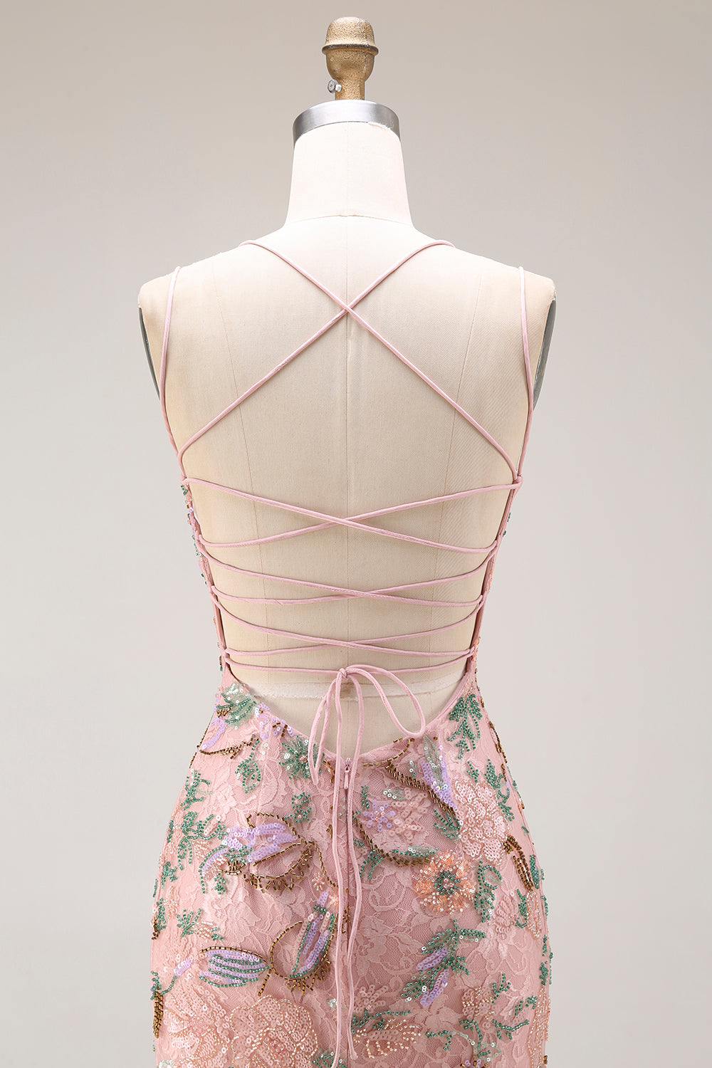 Blush Floral Spaghetti Straps Sheath Beaded Long Prom Dress with Sequins