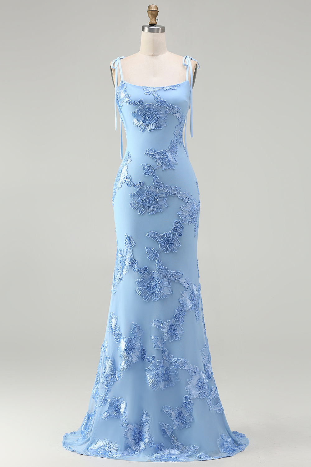 Light Blue Mermaid Spaghetti Straps Long Prom Dress with Appliques