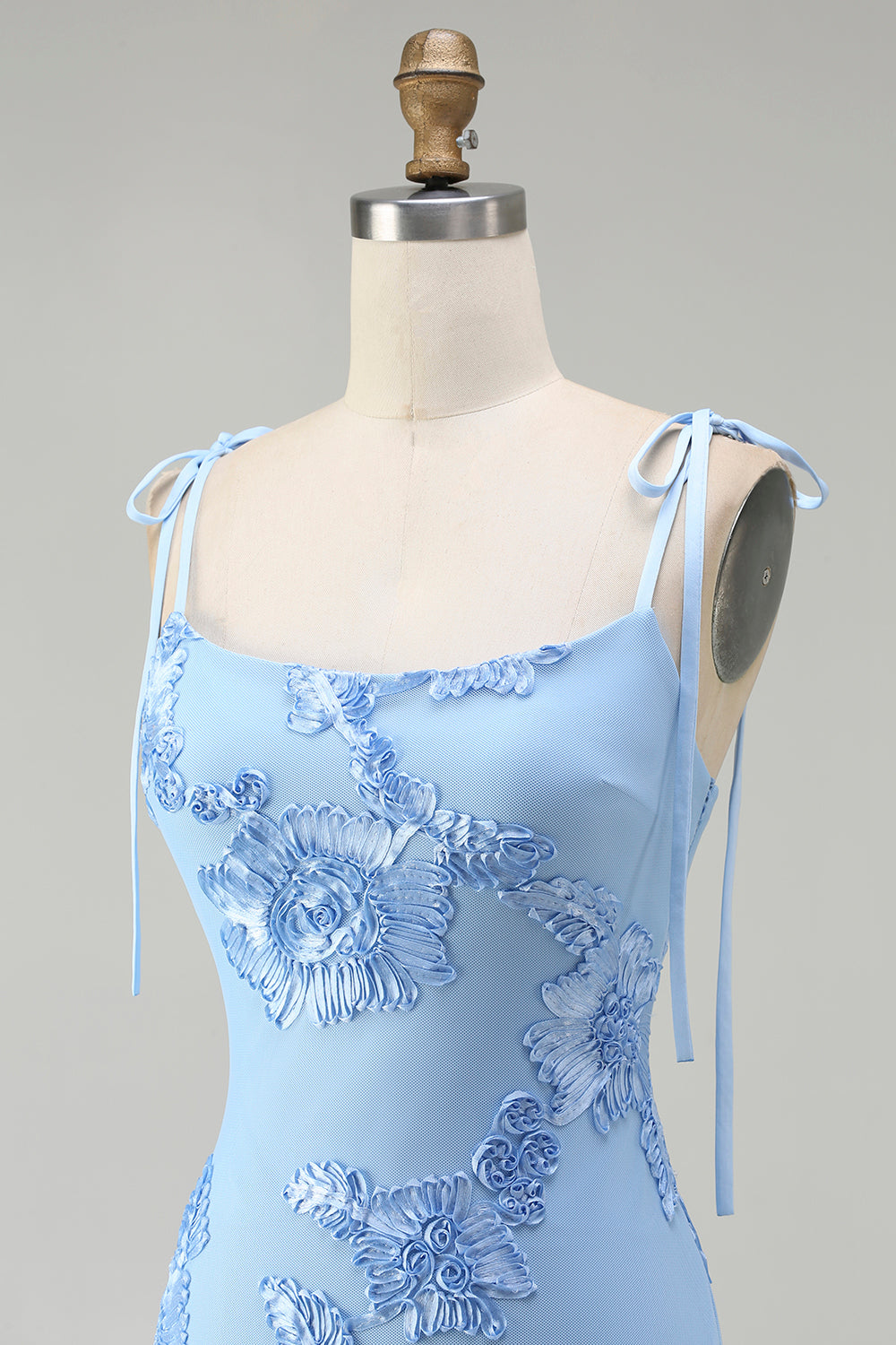 Light Blue Mermaid Spaghetti Straps Long Prom Dress with Appliques