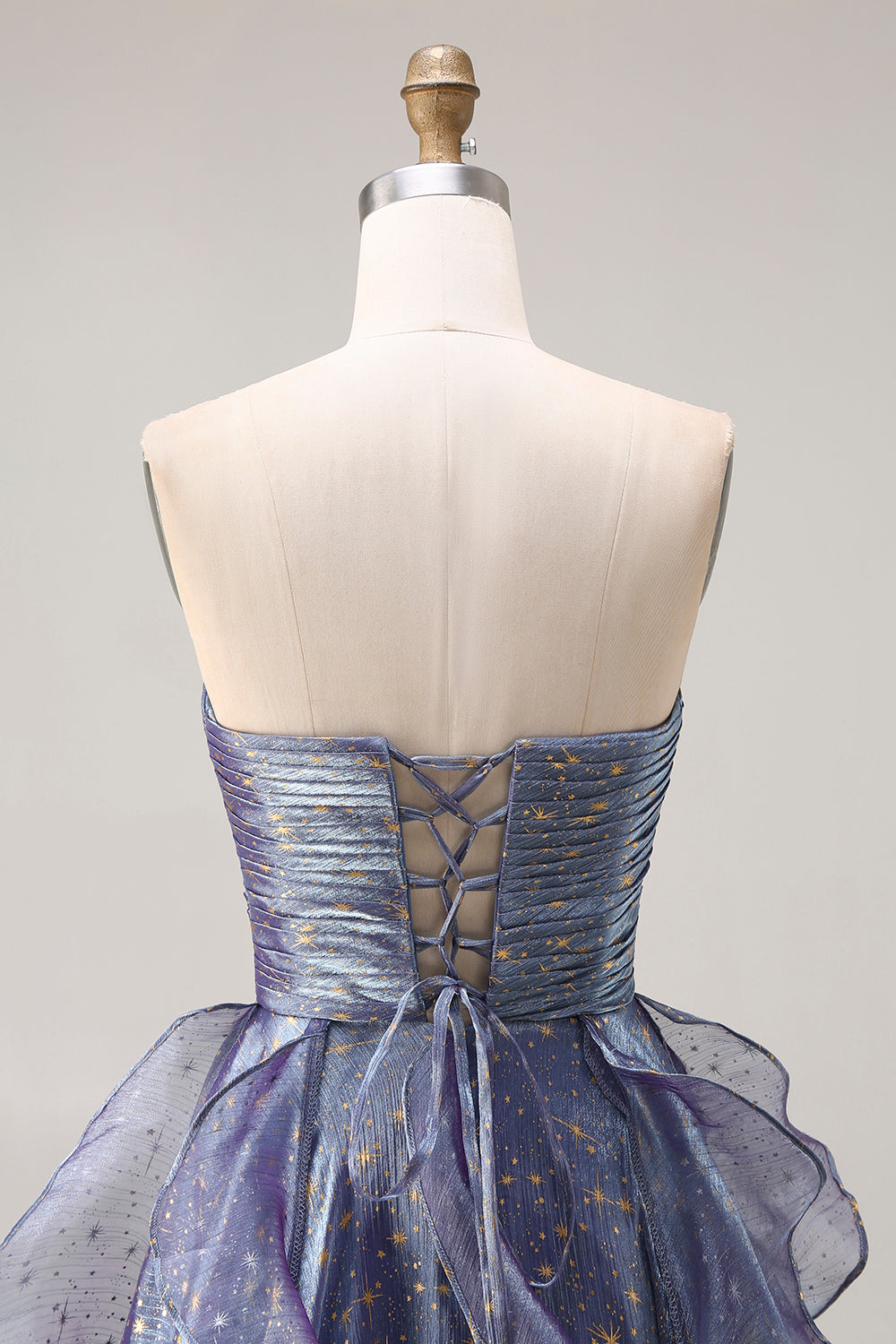 Dusty Blue Strapless Printed A Line Long Prom Dress with Ruffles