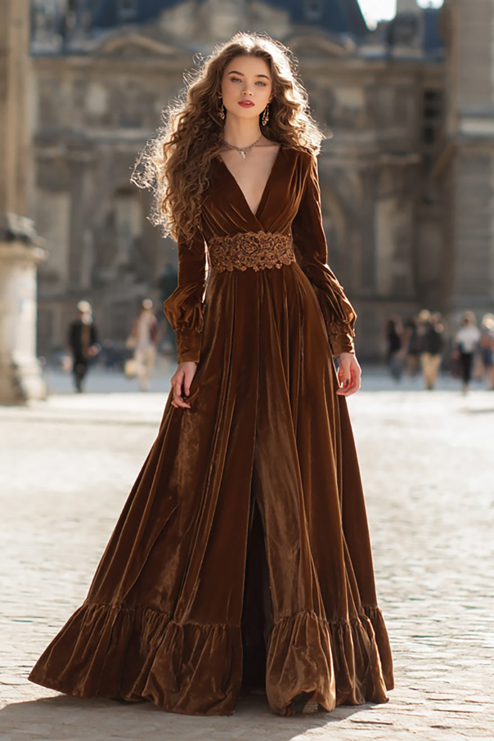 Brown Velvet A Line V-Neck Long Sleeves Formal Dress with Ruffles