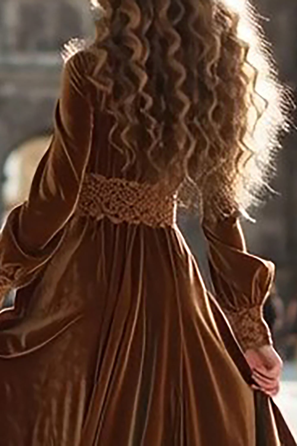 Brown Velvet A Line V-Neck Long Sleeves Formal Dress with Ruffles