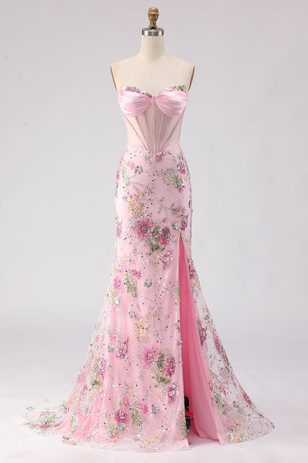 Romantic Pink Mermaid Strapless Sheer Boned Corset Sequins Long Prom Dress with Slit