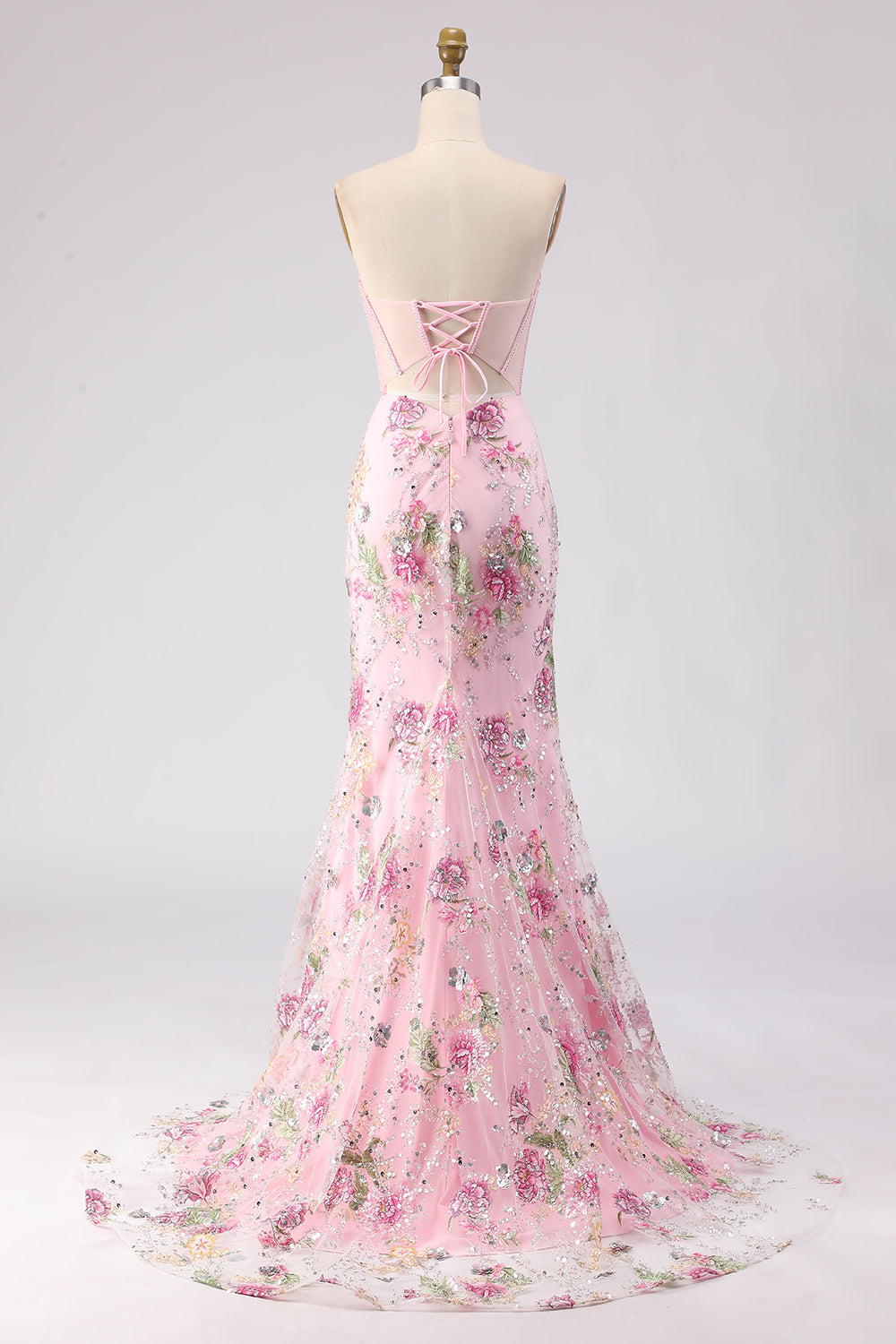 Romantic Pink Mermaid Strapless Sheer Boned Corset Sequins Long Prom Dress with Slit