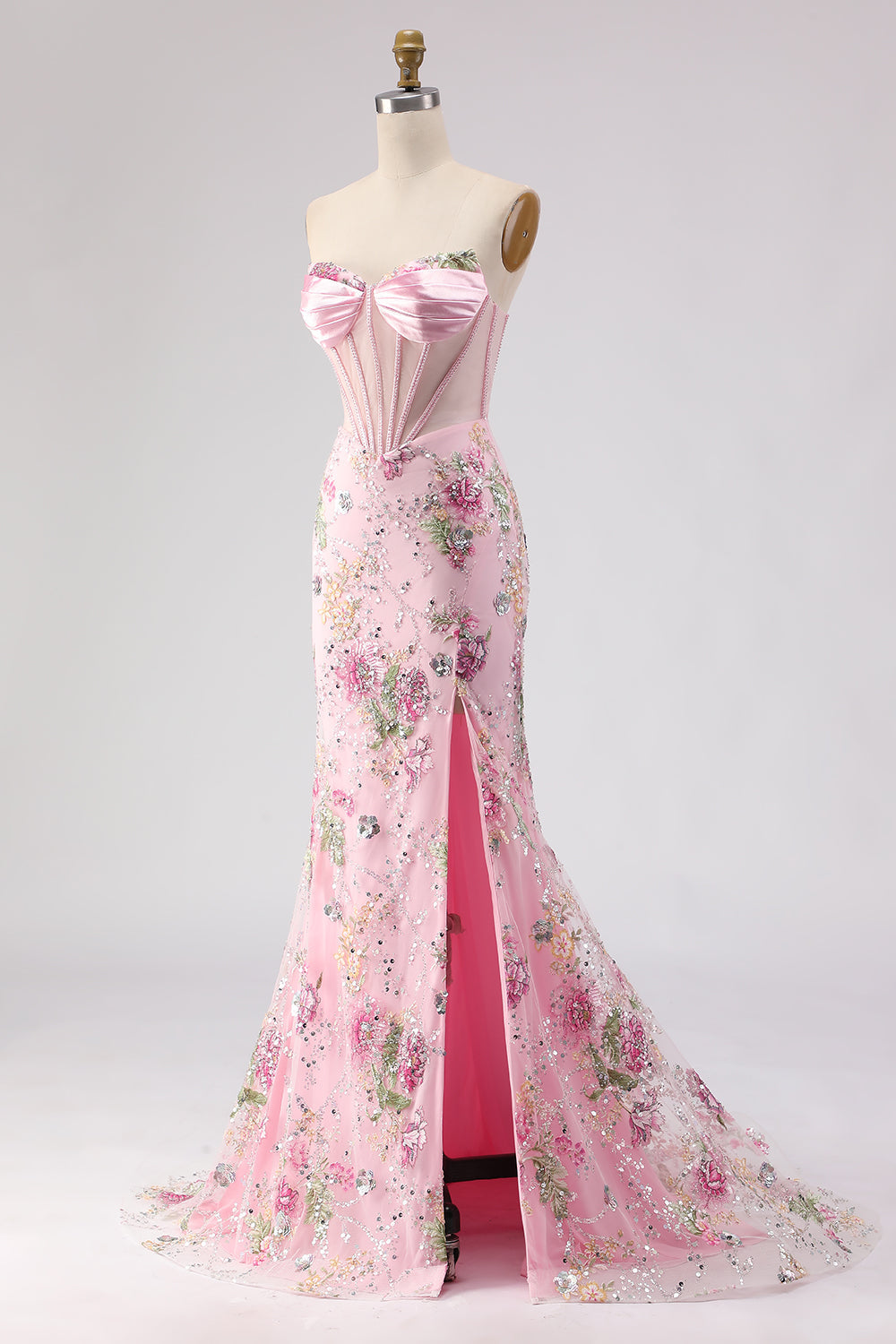 Romantic Pink Mermaid Strapless Sheer Boned Corset Sequins Long Prom Dress with Slit